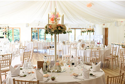 Wedding Guest Tables Decorated With White and Pink Roses and Candles at Ivy House Country Hotel